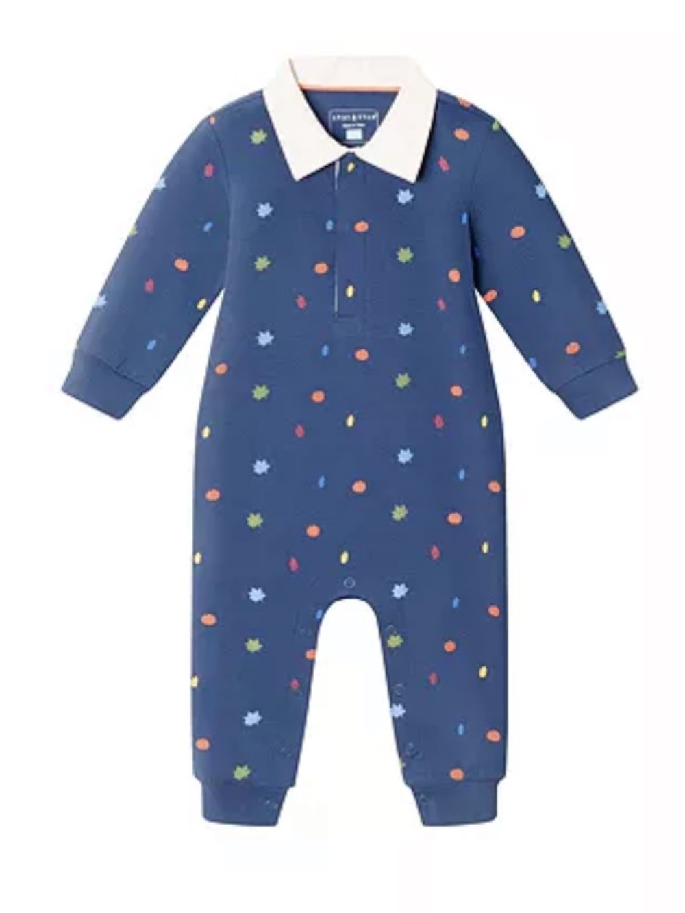 Andy & Evan Navy One-Piece Romper with Autumn Leaf & Pumpkin Print